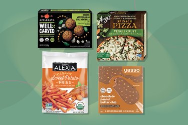 collage of the healthiest frozen food products on green background