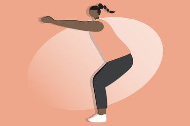 illustration of woman demonstrating a half squat on a coral background