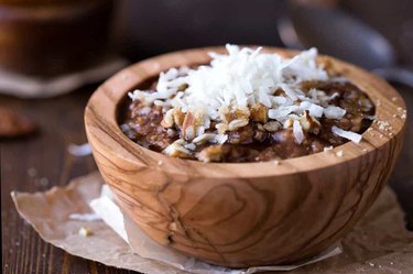Crock-Pot german chocolate oatmeal in a wooden bowl
