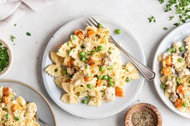 Bowtie pasta with vegetables and turkey pot pie ingredients