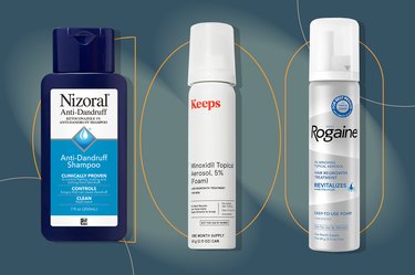 a collage of some of the best hair-loss shampoos and other topical treatments on a dark blue background