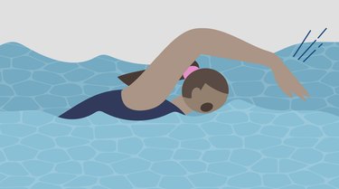 illustration of a swimmer with a ponytail doing the glove drill, imagining their hand going into a glove under water