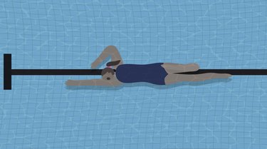 top-down illustration of a swimmer with a ponytail doing the black line drill, swimming directly above a black line at the bottom of the pool