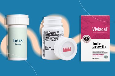 a collage of some of the best hair growth pills and supplements on a medium blue background