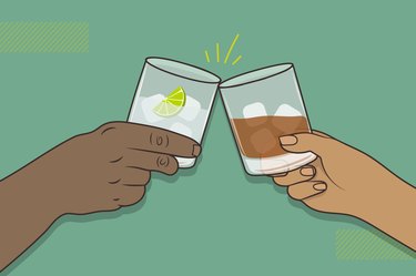 custom graphic showing two hands clinking glasses one with clear liquor and one with dark liquor