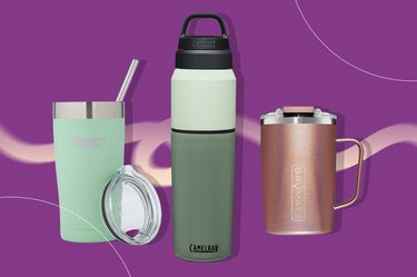 collage of the best insulated coffee mugs to buy on the market, including cambel, brumate and healthy humans coffee cups