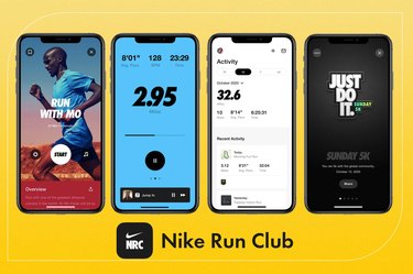 4 difference screenshots of the Nike Run Club App on a yellow background
