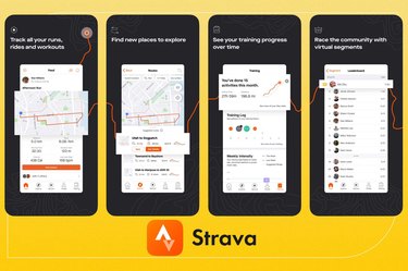 4 difference screenshots of the Strava App on a yellow background