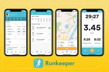 4 difference screenshots of the Runkeeper App on a yellow background