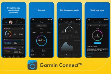 4 difference screenshots of the Garmin Connect App on a yellow background