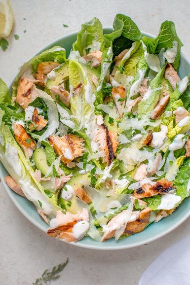 salmon caesar salad, a high-protein salad for weight loss