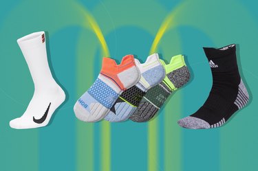 Collage of best tennis socks on green and yellow background