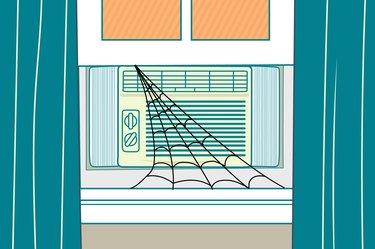 Illustration of a window air conditioner covered in cobwebs from not being cleaned