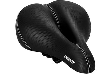 Close-up photo of black DAWAY brand exercise bike seat.