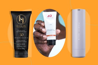 A collage on an orange background of some of the best sunscreens for dark skin