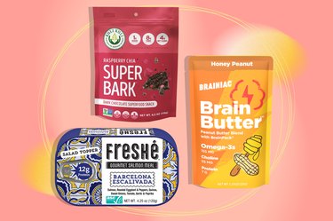 collage of brain snacks like Freshe, Brain Butter, and Kuli Kuli chocolate