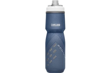 Close-up photo of blue Camelbak brand water bottle.