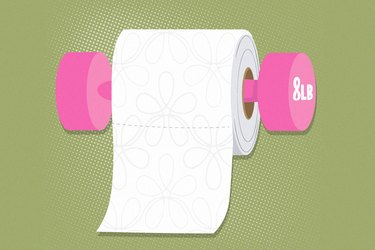 conceptual illustration for exercise making you poop with toilet paper hanging on pink dumbbell weight on green background