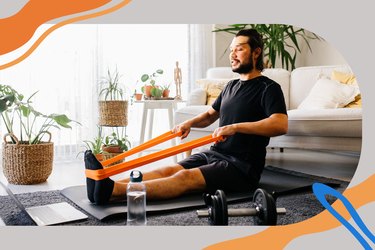 person doing 4-week resistance band challenge with orange resistance band at home