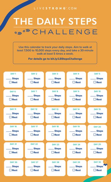 rectangular graphic showing the daily steps challenge 30-day calendar with a spot each day to check off rest or track number of steps taken on an orange background