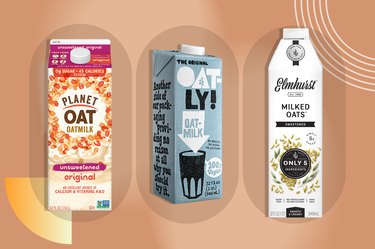 a collage of three of the best oat milk brands, including elmhurst, planet oat and oatly on a light brown background