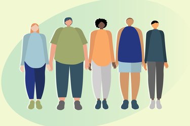 Illustration of people standing in a row who have different body sizes, to represent weight bias or fatphobia