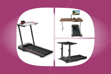 collage of three treadmill desks on pink background