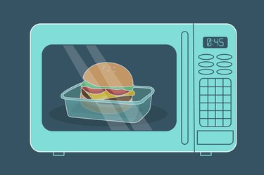 Illustration of a hamburger in a plastic container in the microwave, to represent the dangers of microwaving plastic