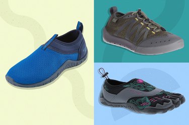 collage of the best water shoes for outdoor adventures on a colorful background