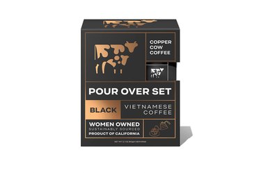box of copper cow coffee black coffee pour over set on a white background