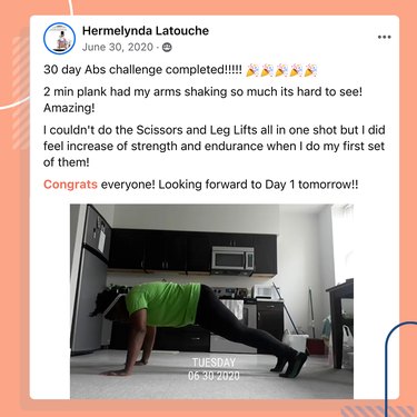 image showing an encouraging comment from the LIVESTRONG.com Challenge Facebook Group, where someone is celebrating completing the challenge and being able to do a 2-minute plank