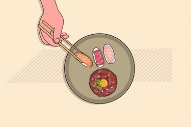 custom illustration showing hand with chopsticks reaching for raw fish sushi with beef tartare on plate