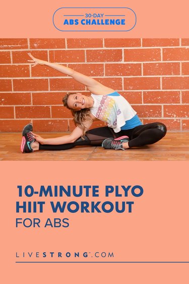 woman with long blond ponytail stretches out to the side as part of a 10-minute plyo hiit workout for abs
