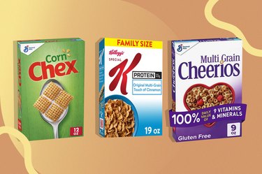collage of calcium-fortified cereals including kellogs special K, multi-grain cheerios and corn chex.