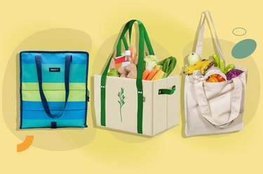 collage of the best reusable grocery bags including box-style bags, freezable bags and canvas-style grocery bags