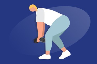 illustration of model doing a staggered-stance dumbbell deadlift on a blue background
