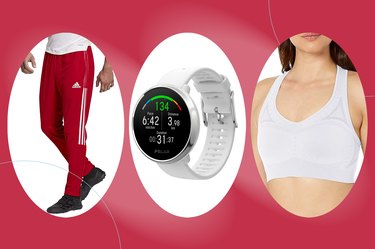 Close-up image of three Amazon fitness products on sale this Memorial Day on a red background.