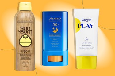 a collage of some of the best waterproof sunscreens on an orange background