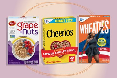 collages of the best low-fat cereal options including Cheerios, Wheaties, and Grape-Nuts