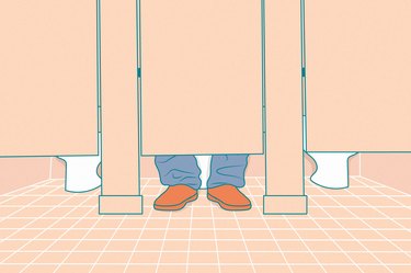 illustration of a person's feet under a bathroom stall door, to represent the dangers of public toilet seats