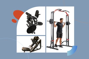 Collage of best fitness machines for quads and hamstrings on blue background.