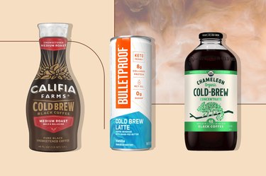 collage of the best cold brew coffee products including bulletproof cold brew latte, chameleon cold brew and califia farms cold brew