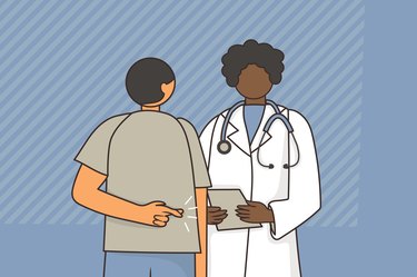 illustration of a person talking to their doctor with fingers crossed behind their back to show they're lying