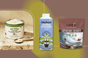 collage of the best healthy coffee flavorings such as Chobani Coffee Creamer, Laird Superfood Creamer and Four Sigmatic Functional Creamer