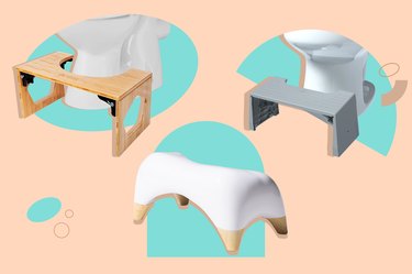 a collage of some of the best bathroom stools on a peach and teal background