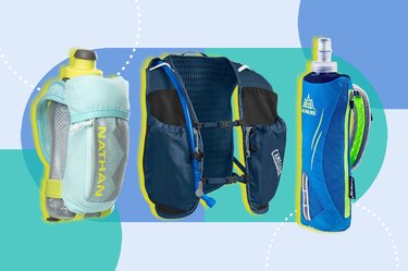 Three of the best running water bottles displayed on blue background