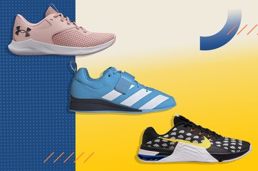 Collage of best cross-training shoes on blue and yellow background.