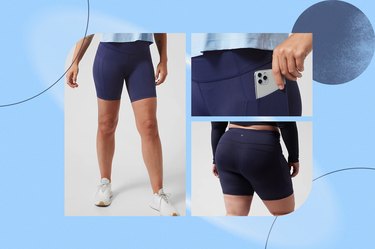 Collage of Athleta's Ultimate Stash 7 running shorts on blue background