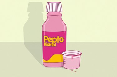 illustration of an empty bottle of pepto-bismol on a light yellow background