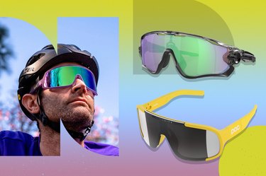 Collage of best cycling sunglasses on colorful background.